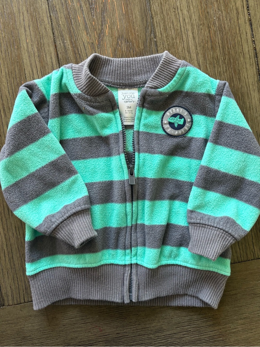Carter's Mint and Gray Striped Fleece Zip-Up Crewneck Baby Jacket -3m